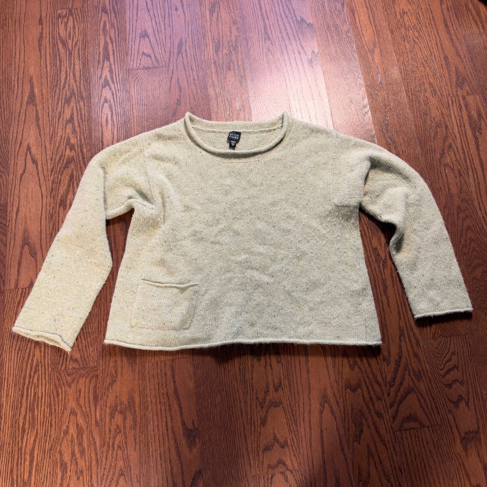Eileen Fisher Merino Wool Angora Blend Sage Green Speckled Pocket Sweater Large
